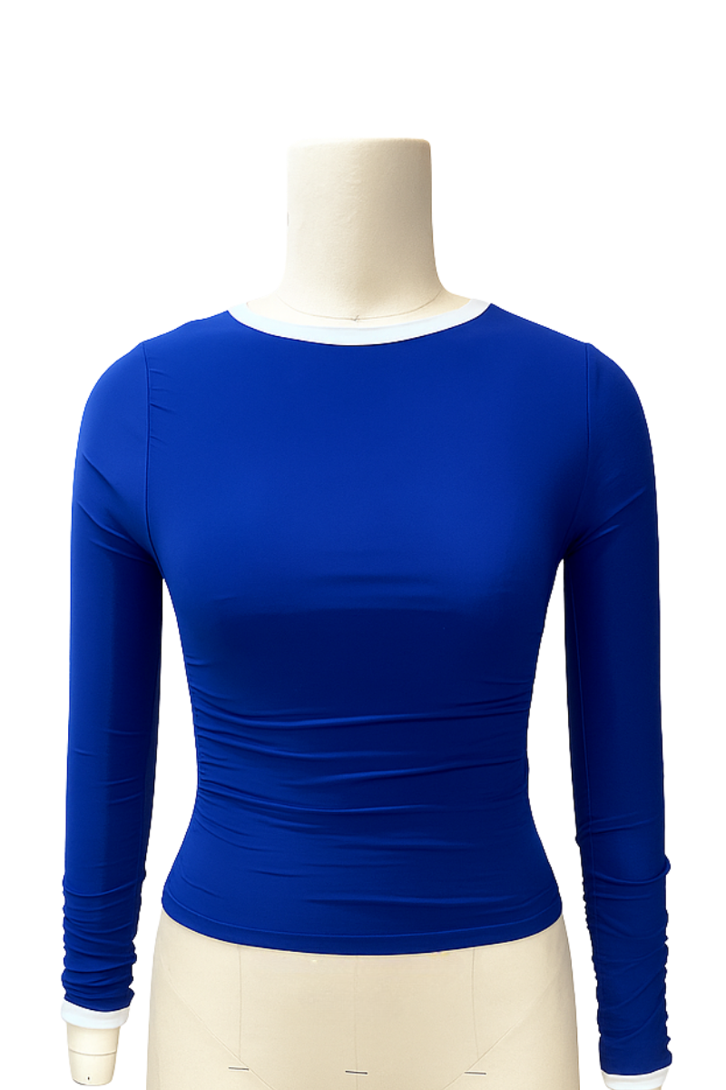 Blue Long Sleeve Fitted Top with Gathered Waist
